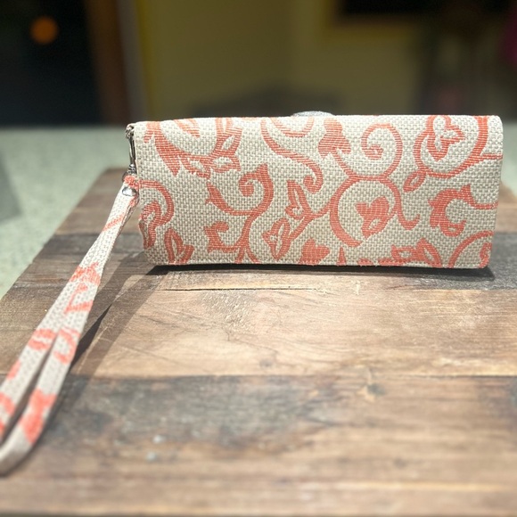 Poppie Jones Handbags - Poppie Jones Fabric wristlet Clutch Orange Cream Floral Removable Strap.